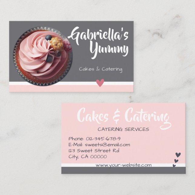 Carte De Visite Pastel rose Grey Cupcake Modèle photo de gâteau (Devant / Derrière)