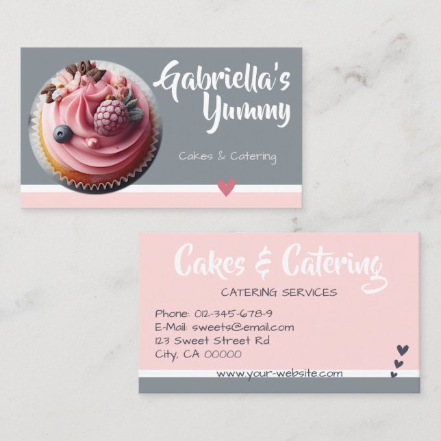 Carte De Visite Pastel rose Grey Cupcake Modèle photo de gâteau (Devant / Derrière)