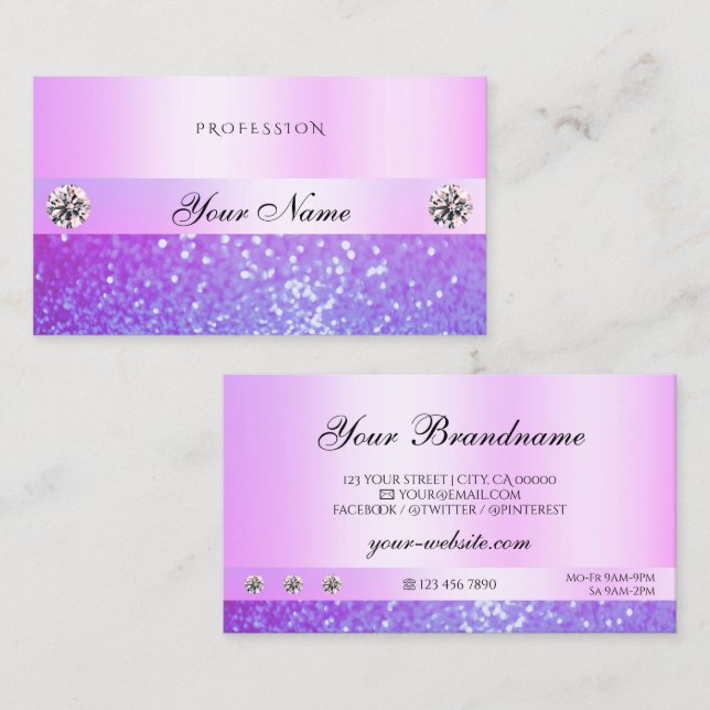 Carte De Visite Pastel Rose Violet Parties scintillant Bijoux Diam (Devant / Derrière)