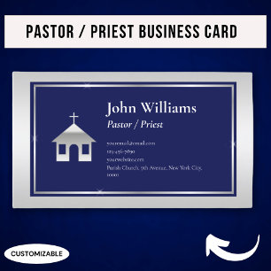 Carte De Visite Pasteur Prêtre d'Église Bleu Argent Élégant