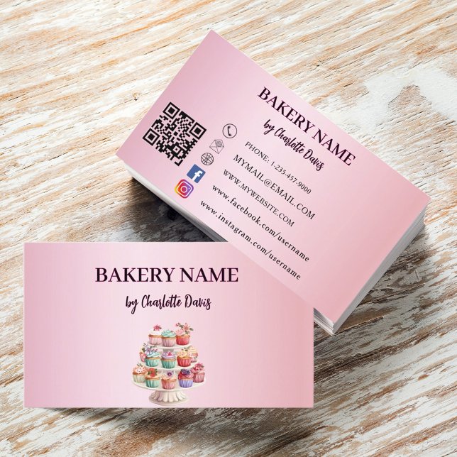 Carte De Visite Pâtisserie à gâteau rose cupcakes boulangerie code (Créateur téléchargé)