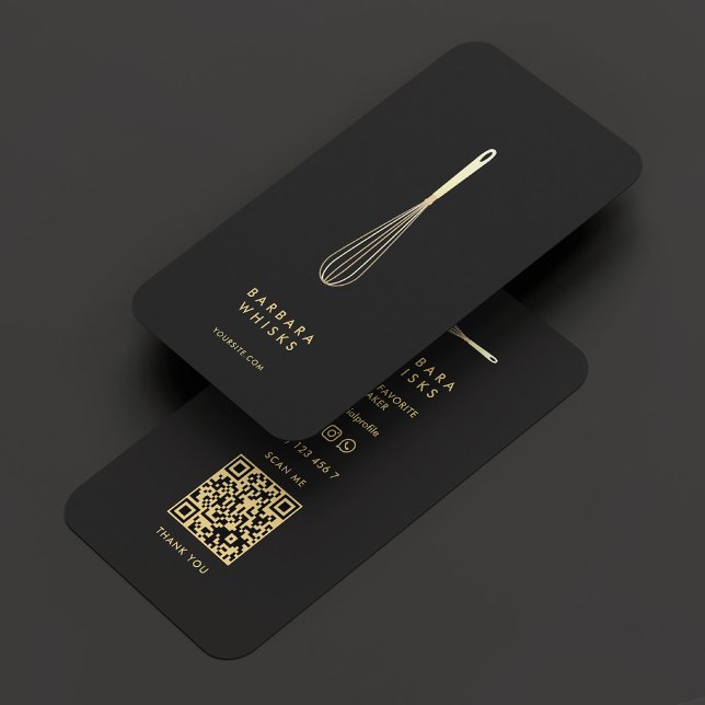 Carte De Visite Pâtisserie boulangère moderne Elégant Black Gold W (Modern Baker Pastry Elegant Black Gold Whisk Business Card
)