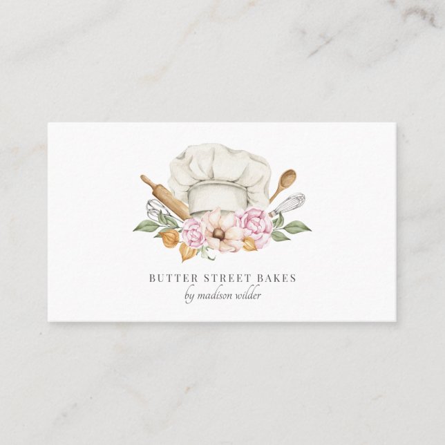 Carte De Visite Pâtisserie Chef Aquarelle Chef Casquette Ustensile (Devant)