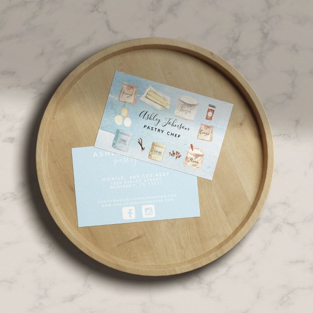 Carte De Visite Pâtisserie Chef Aquarelle Cuisine Ingrédients Bleu (Créateur téléchargé)