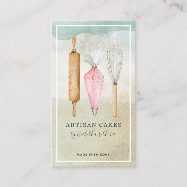 Carte De Visite Pâtisserie Chef Aquarelle Cuisine Ustensiles (Devant)