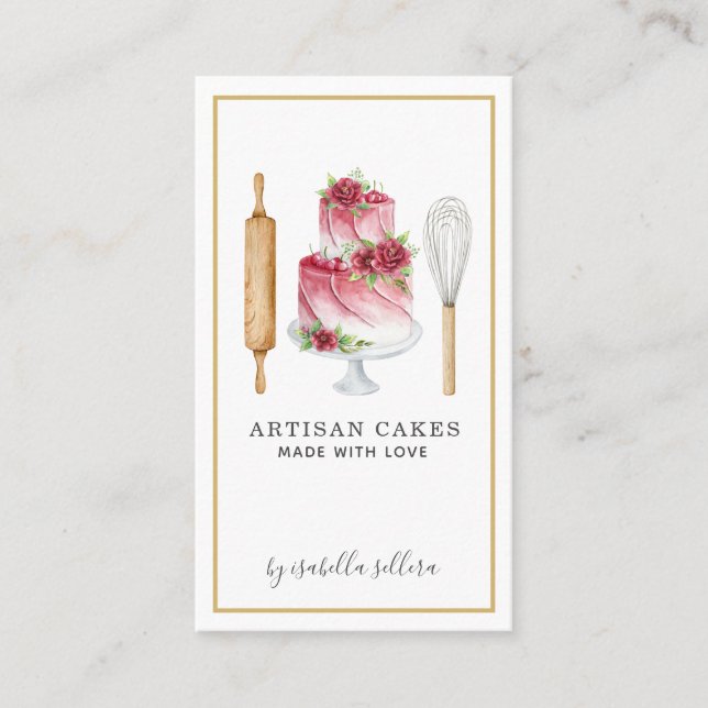 Carte De Visite Pâtisserie Chef Aquarelle Gâteau Ustensiles de cui (Devant)