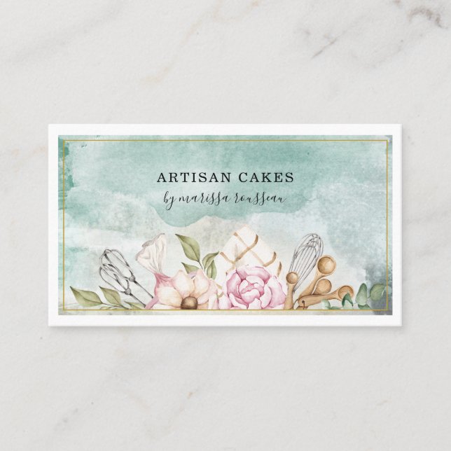 Carte De Visite Pâtisserie Chef Aquarelle Outils de cuisson (Devant)