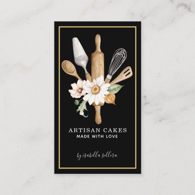 Carte De Visite Pâtisserie Chef Aquarelle Outils de cuisson Noir (Devant)