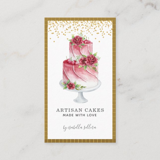 Carte De Visite Pâtisserie Chef Aquarelle Rose Or (Devant)