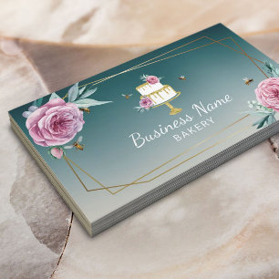 Carte De Visite Pâtisserie Chef Fleur et abeilles Gâteau Turquoi