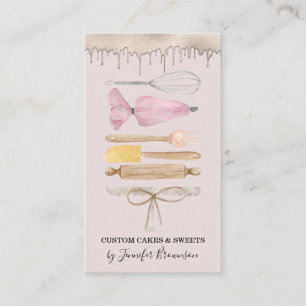 Carte De Visite Pâtisserie Chef Pink Aquarelle Goutte de gâteau
