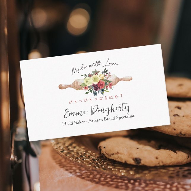 Carte De Visite Pâtisserie Chef Rouge Floral Rolling Pin Cuisson U (Créateur téléchargé)