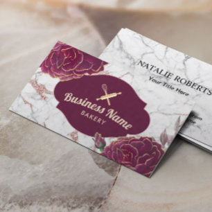 Carte De Visite Pâtisserie Chef Rouge Floral Rose Gold Marbre