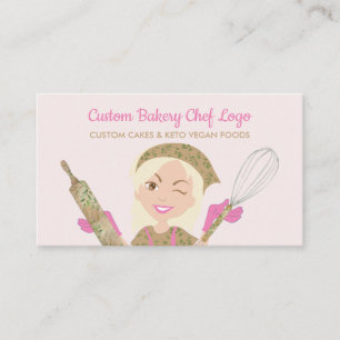 Carte De Visite Pâtisserie Fille Chef Sourire Jaune Rose rougir