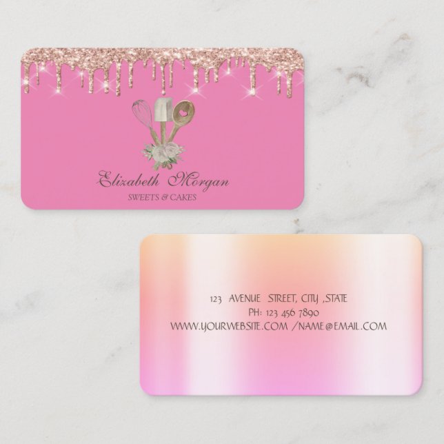 Carte De Visite Pâtisserie Outils à main Parties scintillant Rose  (Devant / Derrière)