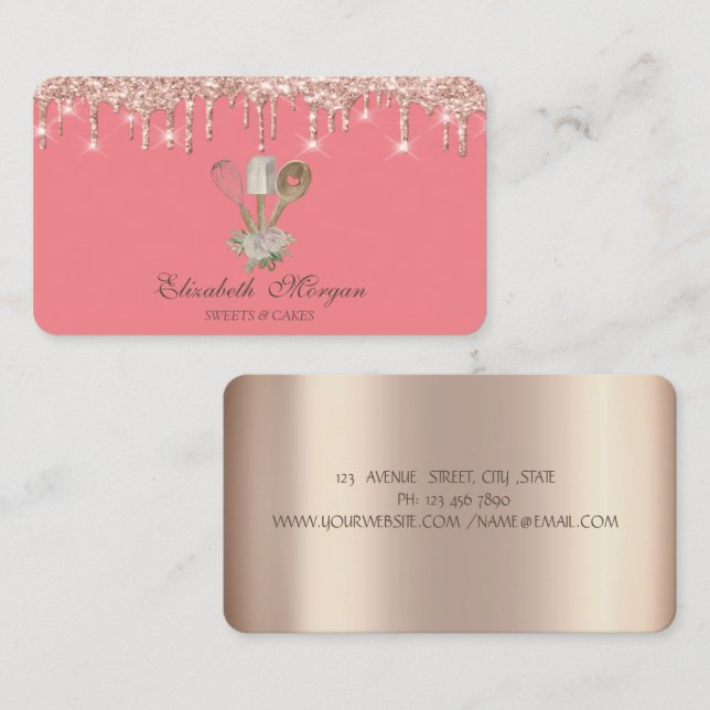 Carte De Visite Pâtisserie Outils à main Rose Roulettes d'or Boula (Devant / Derrière)