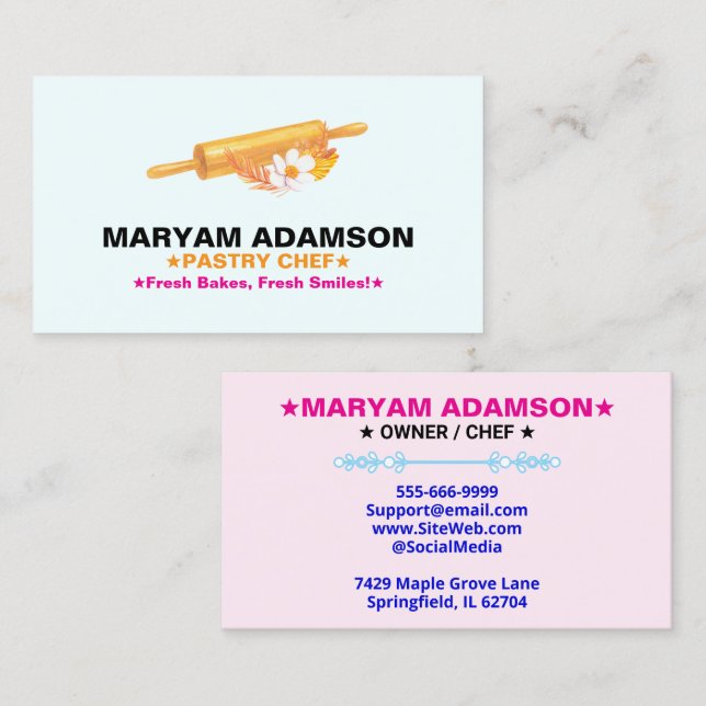 Carte De Visite Patisserie Rolling Pin | Floral Bakery Logo Slogan (Devant / Derrière)