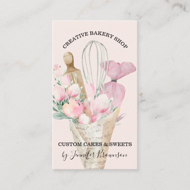 Carte De Visite Pâtisserie Rose Chef Floral (Devant)