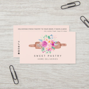 Carte De Visite Pâtisserie rose floral pin à rouler