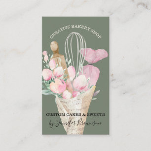 Carte De Visite Pâtisserie Sage Chef Fleurs roses Boho Baker