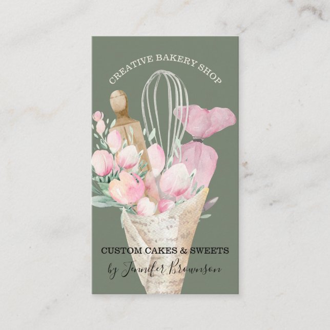 Carte De Visite Pâtisserie Sage Chef Fleurs roses Boho Baker (Devant)