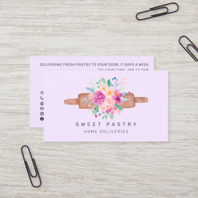 Carte De Visite Pâtisserie viennoiserie fleurie violet (Devant/Arrière en situation)