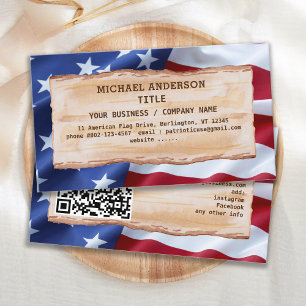 Carte De Visite Patriotique Rustique Bois USA American Drapeau QR 