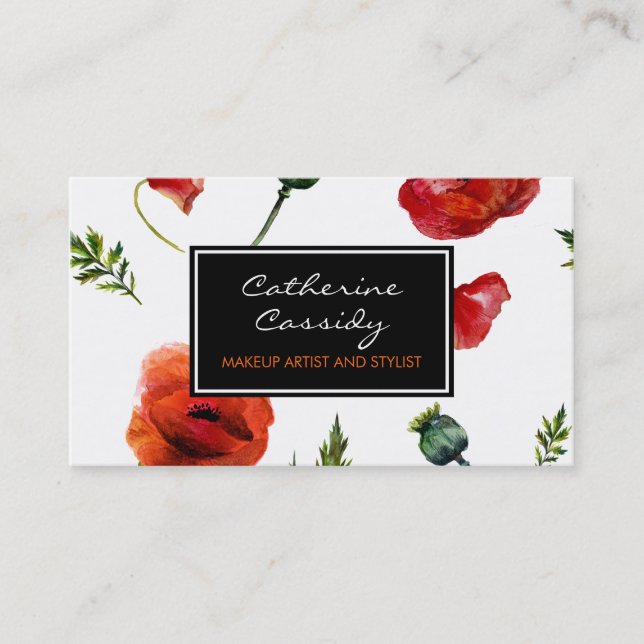 Carte De Visite Pavots rouges, floral noir et blanc, maquilleur (Devant)