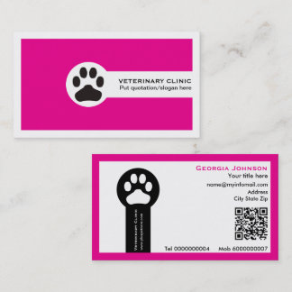 Carte De Visite Paw and QR code hot pink Vet/Veterinary Clinic