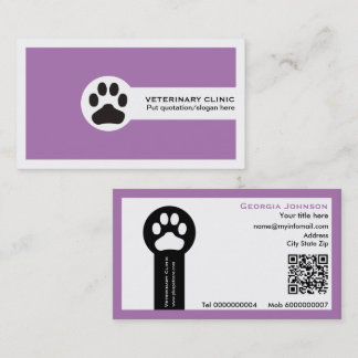 Carte De Visite Paw and QR code purple Vet/Veterinary Clinic 