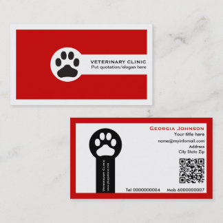 Carte De Visite Paw and QR code red Vet/Veterinary Clinic 