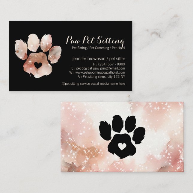 Carte De Visite Paw Pet Pet Pet Sitter Grossissant Aquarelle Chien (Devant / Derrière)