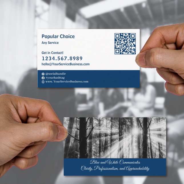 Carte De Visite Paysage bleu et blanc populaire (Popular Blue & White Landscape Business Card with Tagline)