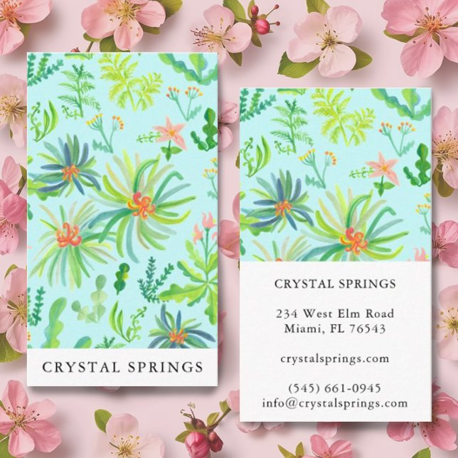 Carte De Visite Paysage botanique Jardinage Plante Moderne Chic (Beautiful watercolor botanical painting pattern on a light blue background. Customized business card)