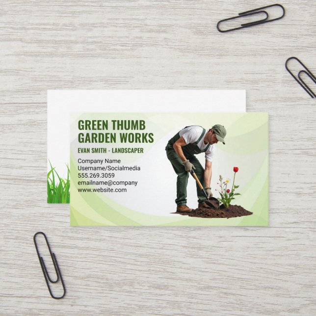 Carte De Visite Paysage | Fleurs de plantation de jardiniers (Devant/Arrière en situation)