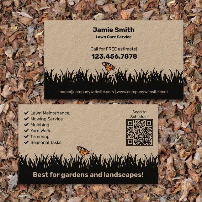 Carte De Visite Paysage moderne - Soins de pelouse (Modern Landscaping - Lawn Care Business Card - Lawn Silhouette - List QR code)