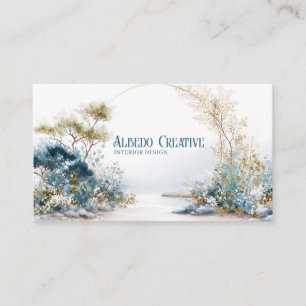 Carte De Visite Paysage Serein Feuillage Aquarelle Or Bleu