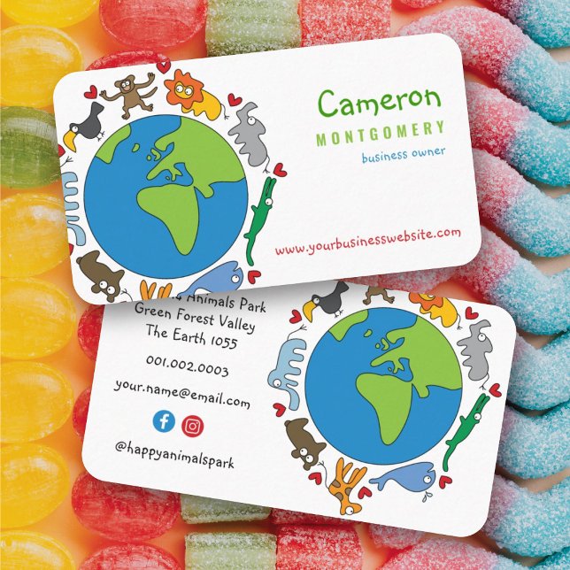 Carte De Visite Peace And Love Cute Cartoon Animaux du monde (Peace And Love Cute Cartoon Animals of The World Business Card / Profile Card @ fatfatin)
