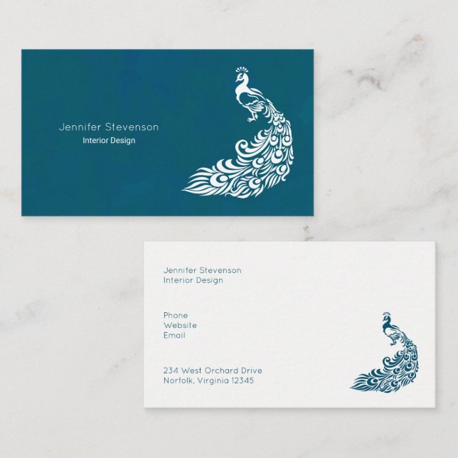 Carte De Visite Peacock blanc sur Turquoise Bold Design Art Déco m (Devant / Derrière)