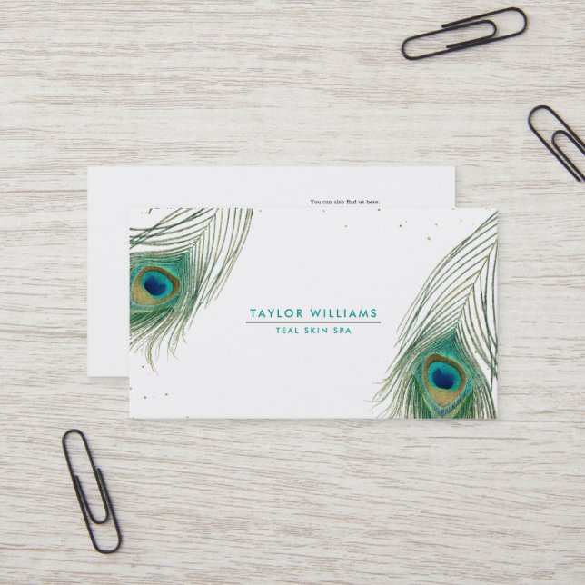 Carte De Visite Peacock Feather & Gold Dots Boho Glam Élégant (Devant/Arrière en situation)