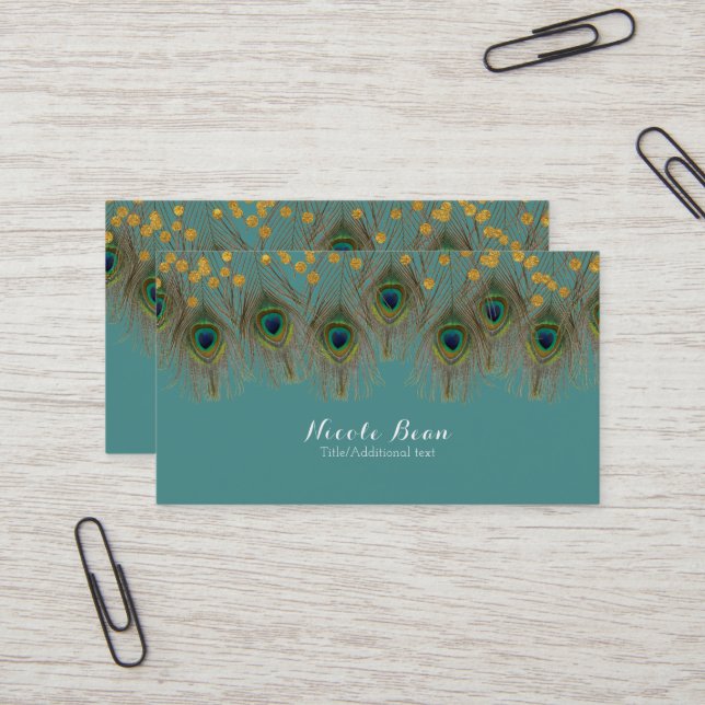 Carte De Visite Peacock Feather & Gold Dots N'IMPORTE QUELLE COULE (Devant/Arrière en situation)