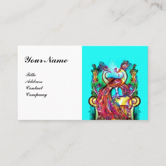 Carte De Visite PEACOCKS EN AMOUR MONOGRAM, Mariage Bleu Blanc Rou (Devant)