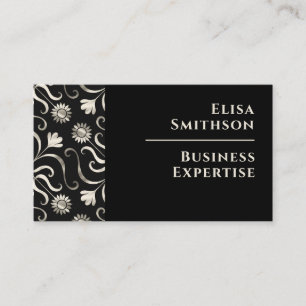 Carte De Visite Pearl & Black Floral Damask Élégant Motif d'argent