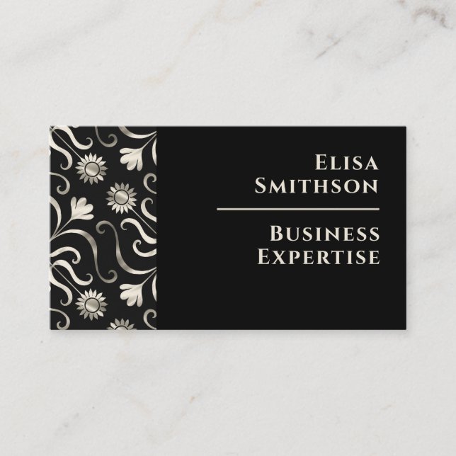 Carte De Visite Pearl & Black Floral Damask Élégant Motif d'argent (Devant)