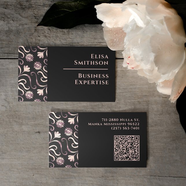 Carte De Visite Pearl & Black Floral Damask Elegant Purple Motif (Créateur téléchargé)