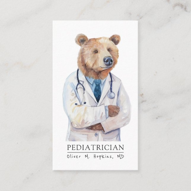 Carte De Visite Pediatricien Aquarelle Docteur Ours Médicale (Devant)