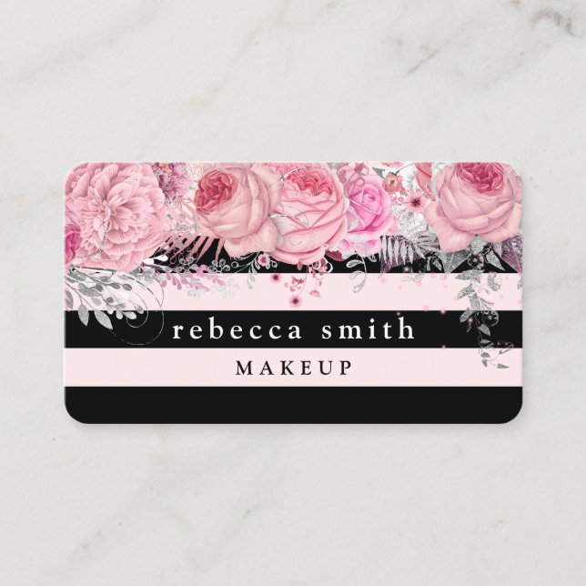 Carte De Visite Peintre de maquillage à rayures noires florales (Devant)