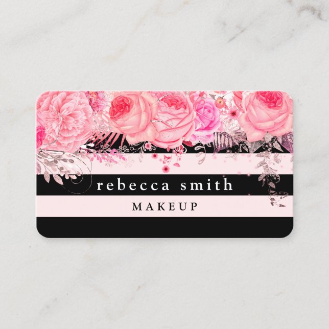 Carte De Visite Peintre de maquillage à rayures noires florales (Devant)