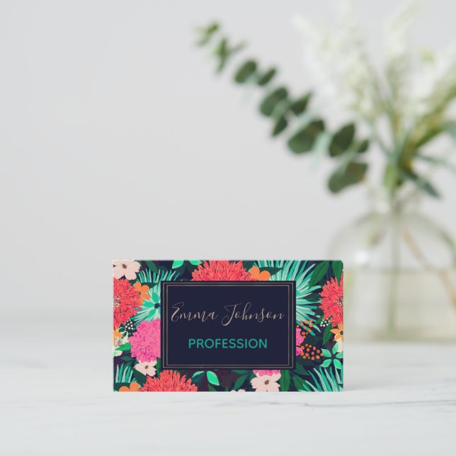 Carte De Visite Peinture florale assez vivante Conception bleu mar (Debout devant)