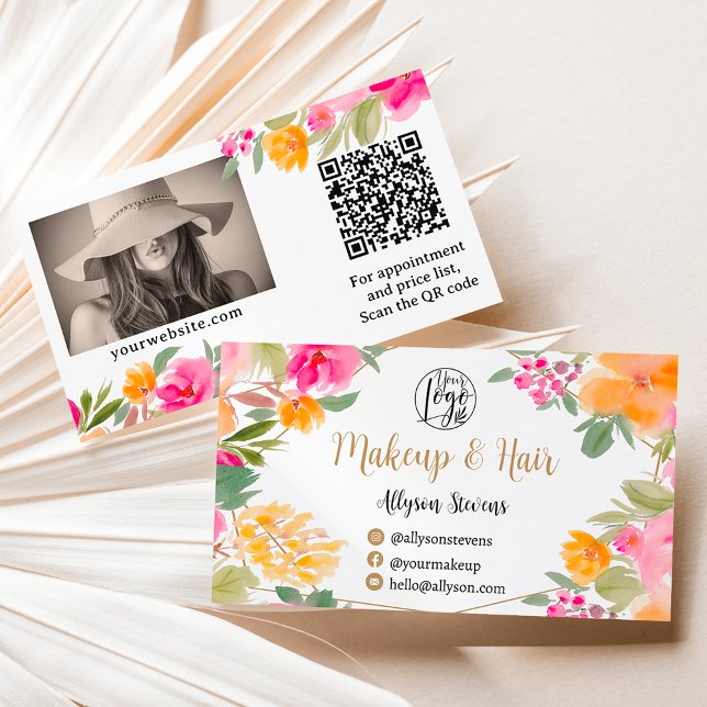 Carte De Visite Peinture florale rose vif (Bright pink colorful Floral gold makeup Hair Business Card)